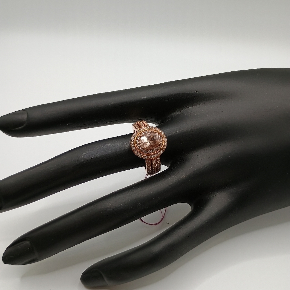 Rose Gold Plated Sterling Silver And Colorless Gemstones Ring Size 7